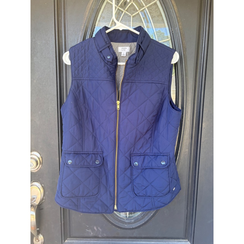 Crown & Ivy Navy Blue Quilted Puffer‎ Vest Gingham Lining Gold Zip Womens Large
